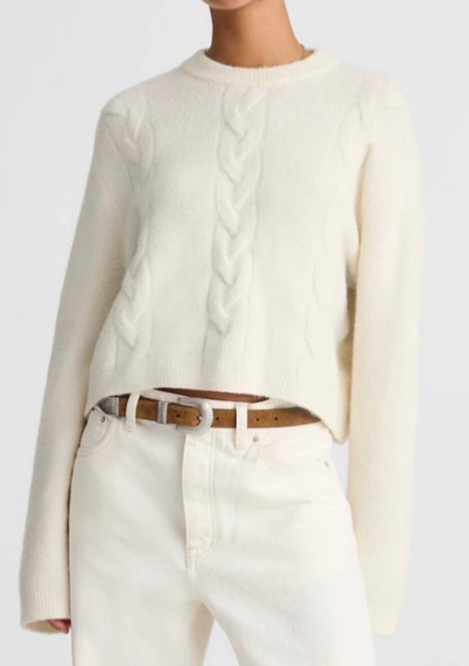 Madewell CloudSoft Drop-Shoulder Cable Knit Cropped Sweater Cream Sz S